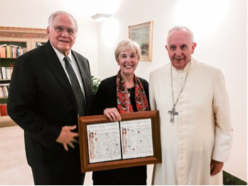 YWAM founders Loren and Darlene Cunningham talk about Bible distribution with Pope Francis